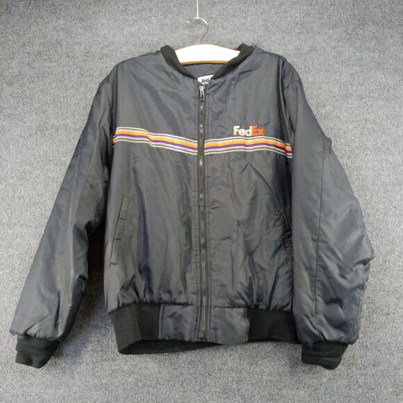 Vintage FedEx Federal Express Full Zip Coat Size L Gray Striped Quilted Liner - Picture 2 of 12